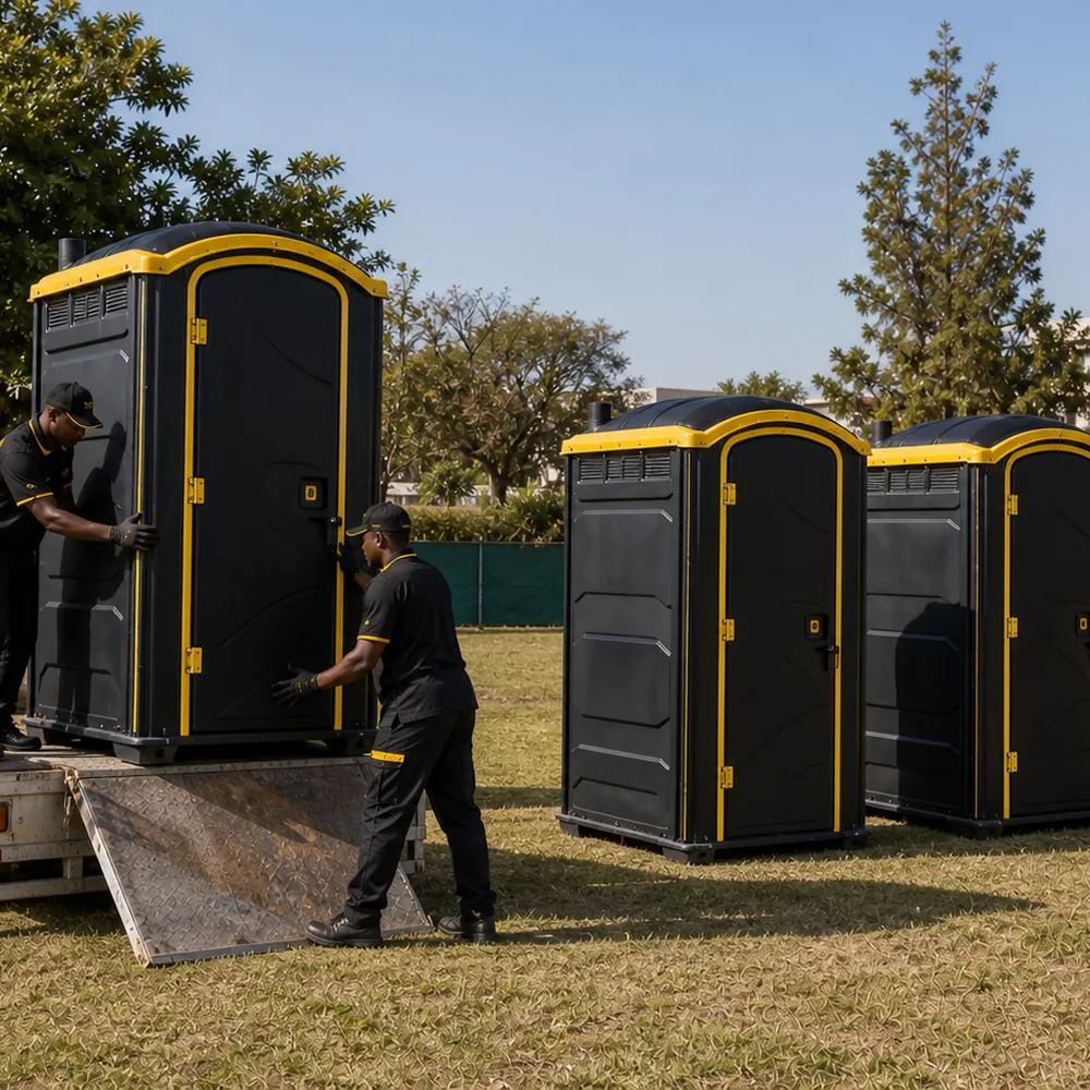 Black portable toilets with yellow trim available for rental in Pretoria