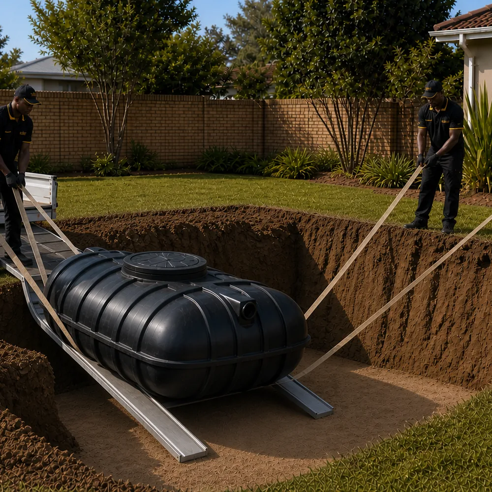 Modern plastic septic tank prepared for installation at a Pretoria property