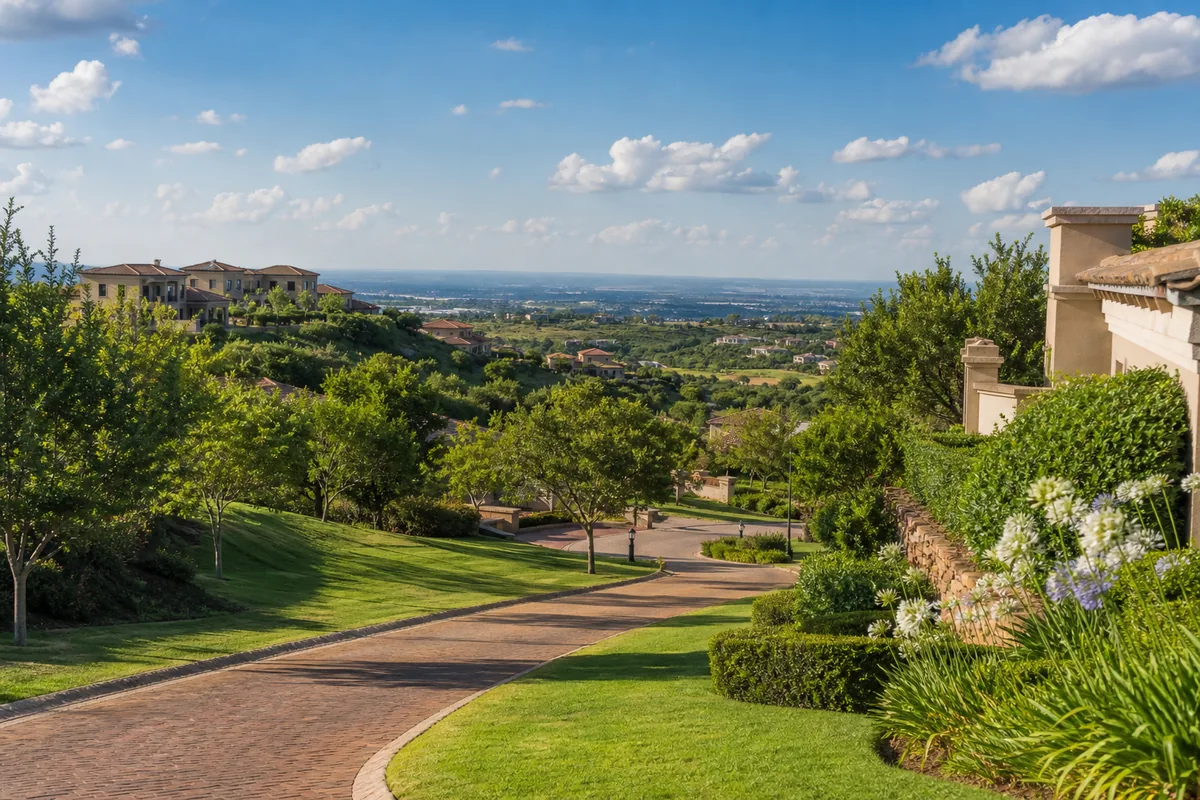 Hilltop country estate homes and broad green landscapes in Cornwall Hill Country Estate, within HoneySucker's Centurion Pretoria septic service coverage