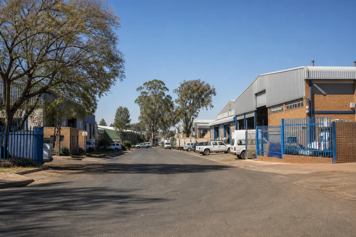 Established warehouses and workshop-lined industrial street in Hermanstad, within HoneySucker's Pretoria West septic service coverage