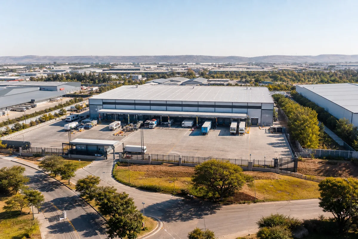 Industrial park with large warehouses and yards in Klerksoord Industrial, within HoneySucker's Pretoria North septic service coverage