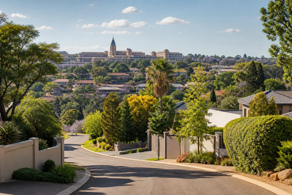 Hillside streets with the UNISA skyline nearby in Lukasrand, within HoneySucker's Pretoria Central septic service coverage