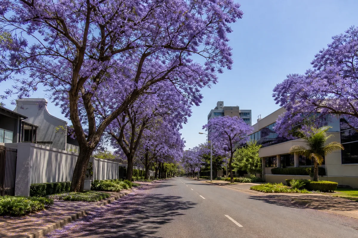 Jacaranda-lined avenue with homes and office properties in Lynnwood, within HoneySucker's Pretoria East septic service coverage