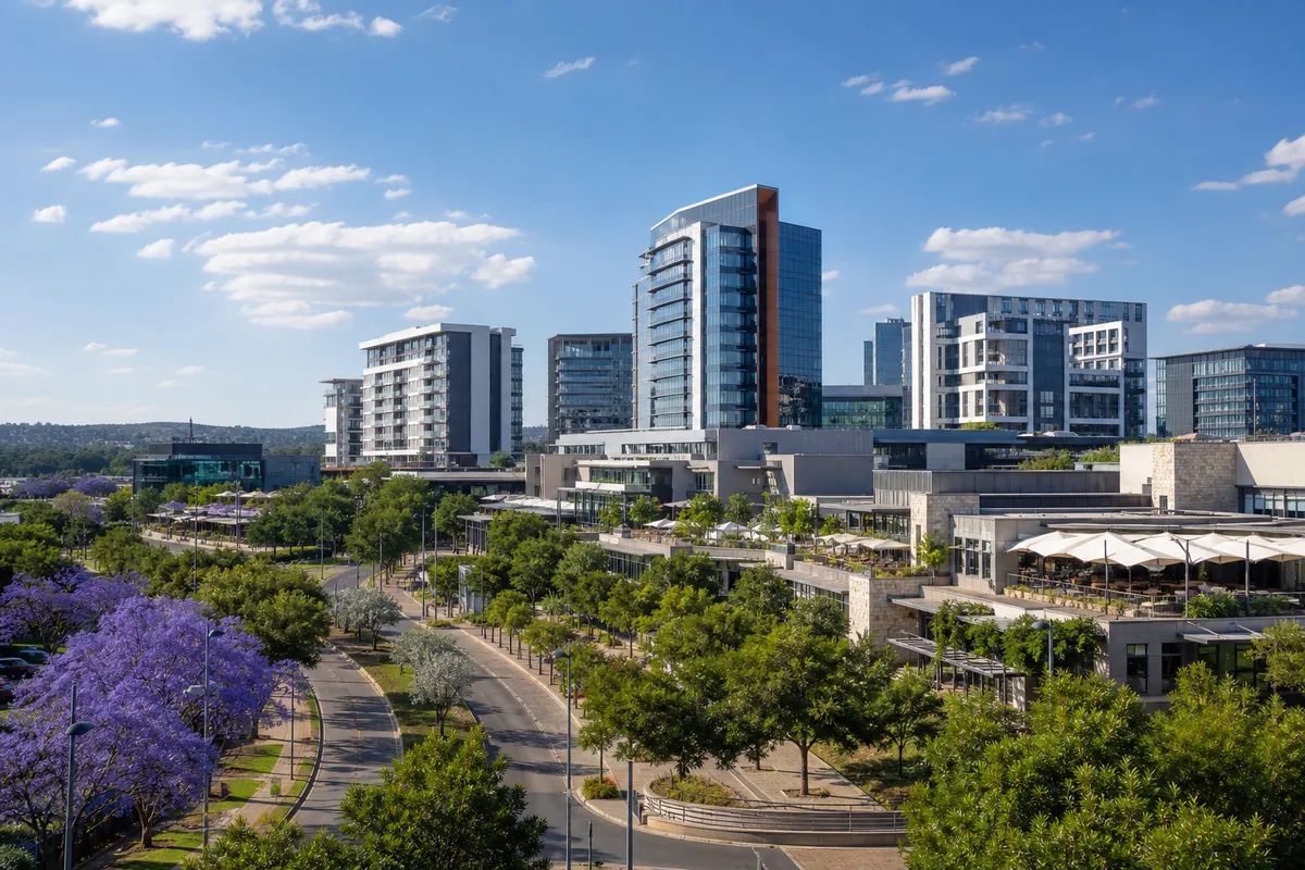 Modern commercial skyline and mixed-use buildings in Menlyn, within HoneySucker's Pretoria East septic service coverage