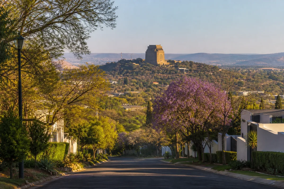 Elevated residential streets near the Voortrekker Monument landscape in Proclamation Hill, within HoneySucker's Pretoria West septic service coverage