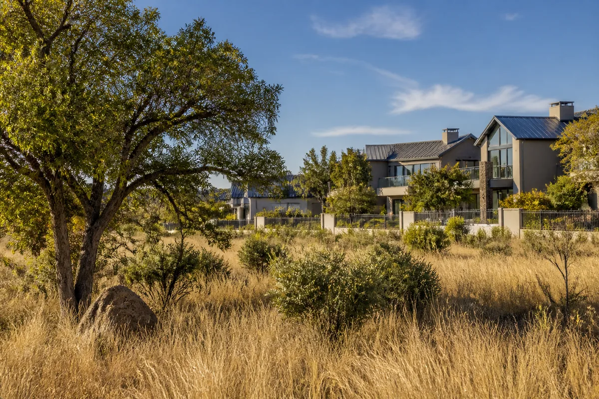 Eco-estate homes beside open conservation land in Roodepark Eco Estate, within HoneySucker's Pretoria North septic service coverage