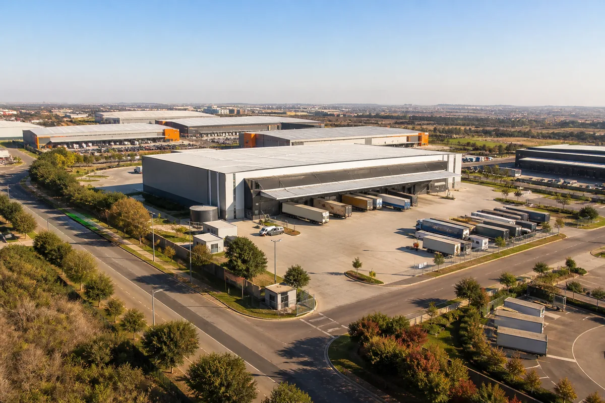 Modern logistics warehouses and distribution yards in Samrand Business Park, within HoneySucker's Centurion Pretoria septic service coverage