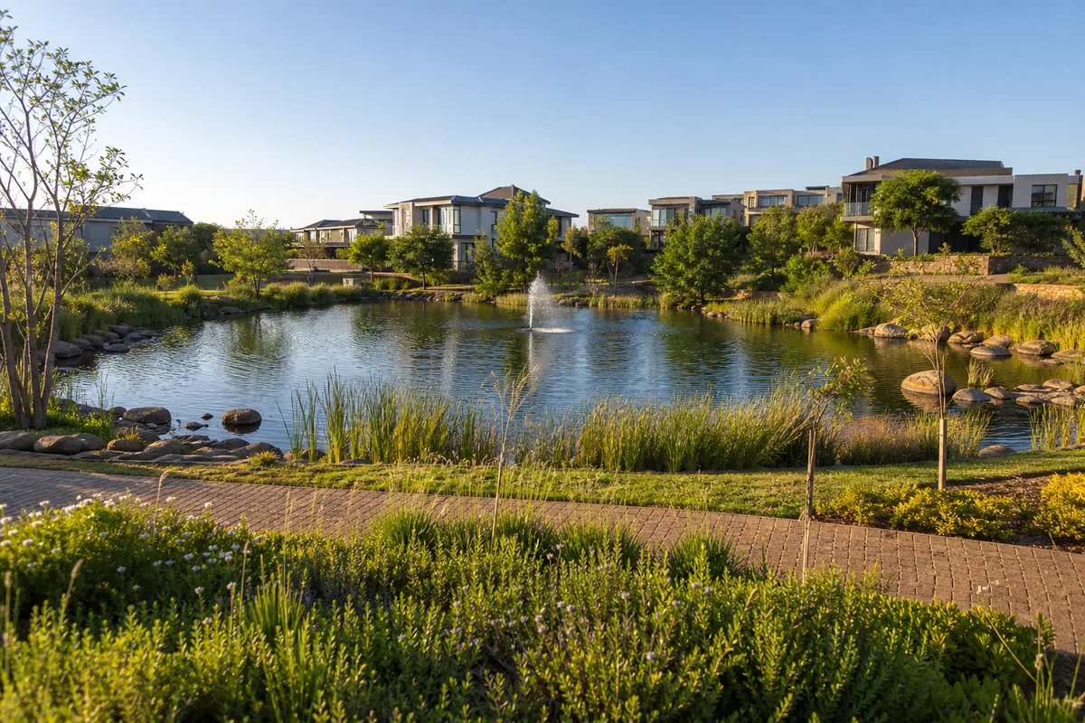 Estate lakes, indigenous landscaping and residential homes in Six Fountains Residential Estate, within HoneySucker's Pretoria East septic service coverage