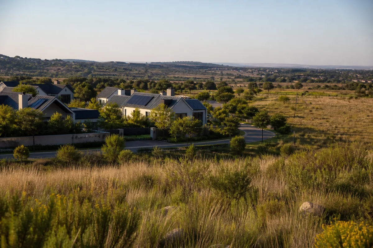 Estate homes beside open conservation and agricultural corridors in Southdowns Estate, within HoneySucker's Centurion Pretoria septic service coverage