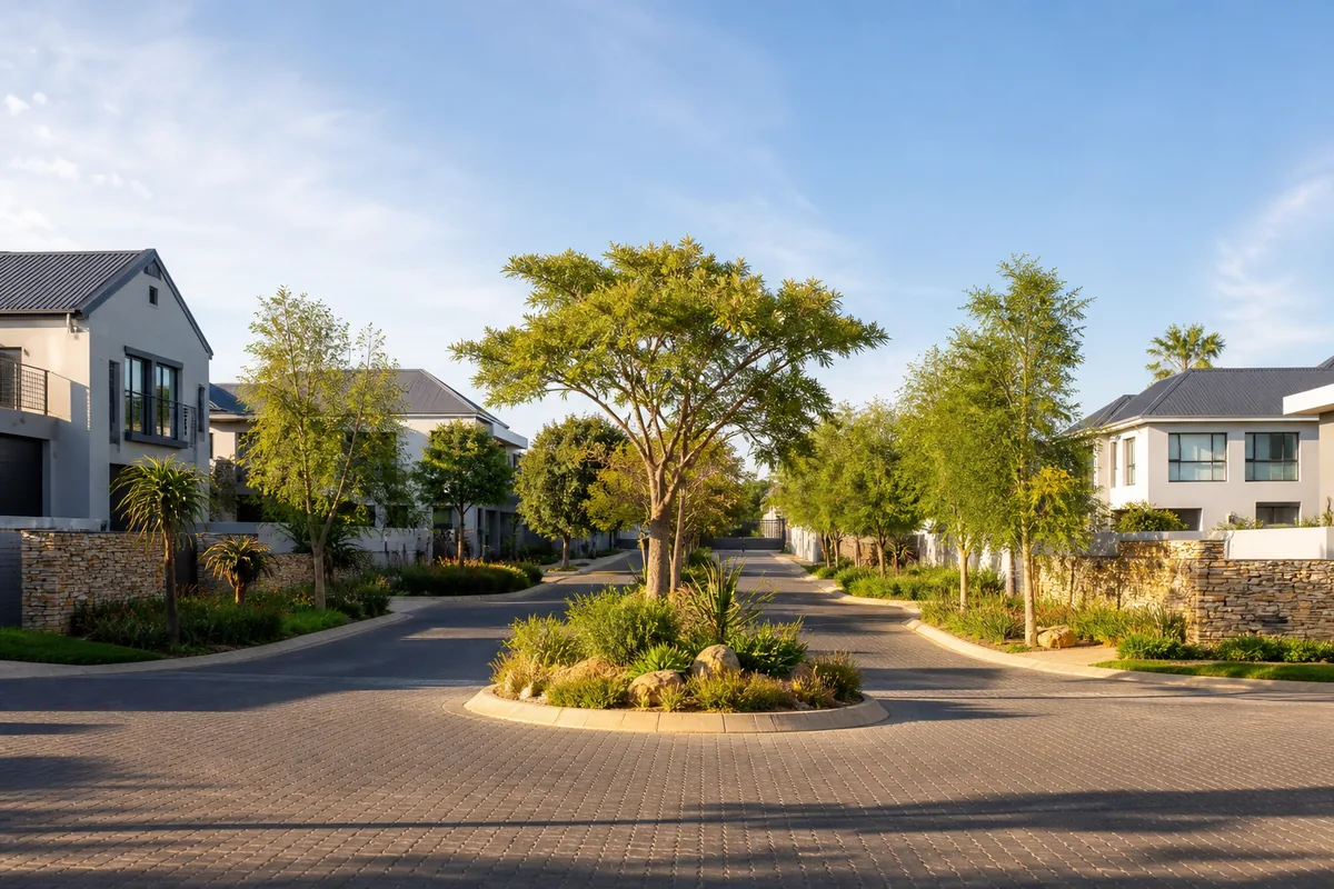 Landscaped gated estate with modern family homes in The Wilds Estate, within HoneySucker's Pretoria East septic service coverage