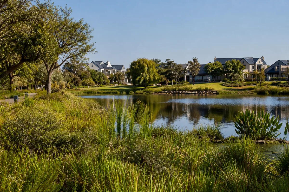 Estate wetlands, landscaped dams and residential homes in Zambezi Country Estate, within HoneySucker's Pretoria North septic service coverage